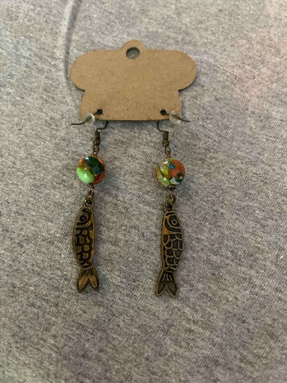 Handmade Multicolor Bead Fish Charm Dangle Earrings by - Picture 2 of 2
